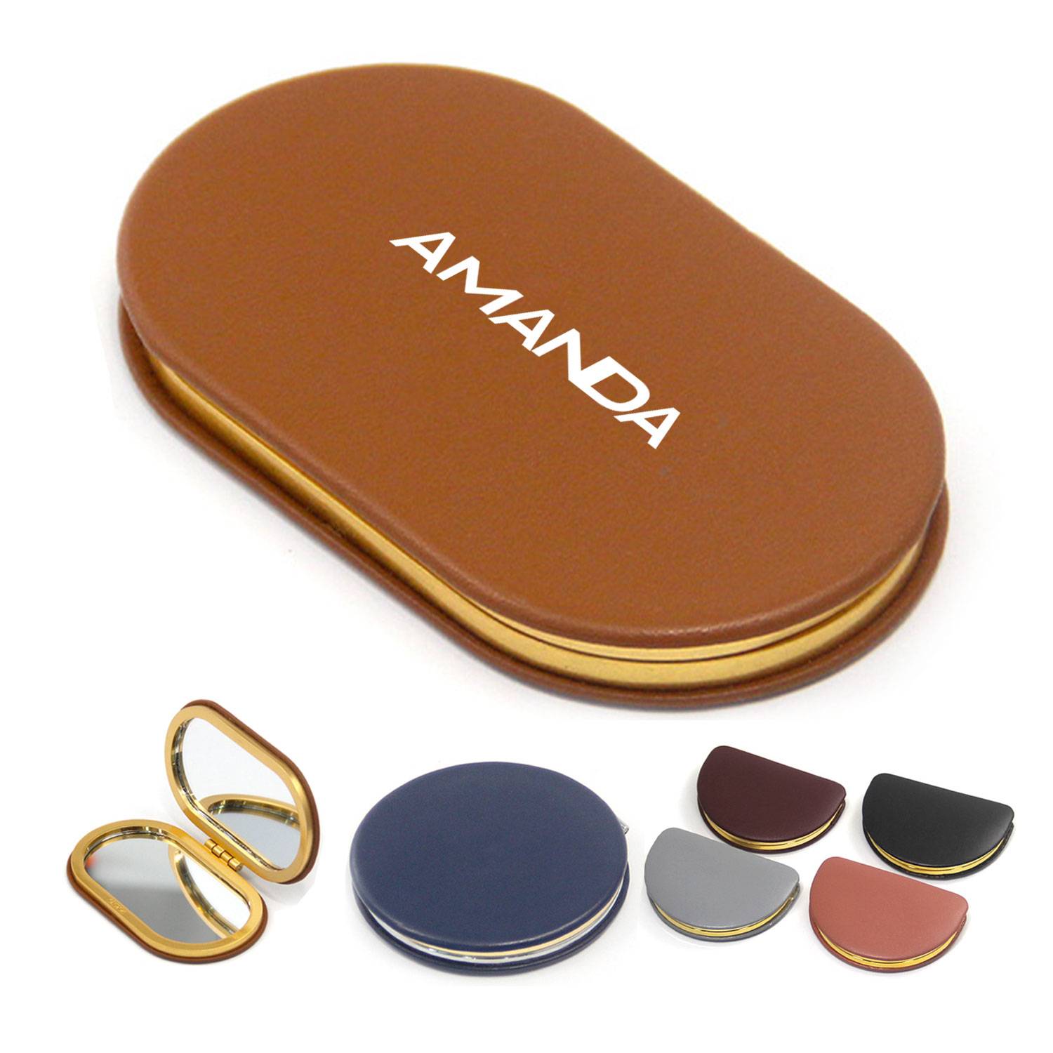 foldable oval magnifying Makeup PU Leather vanity Mirror