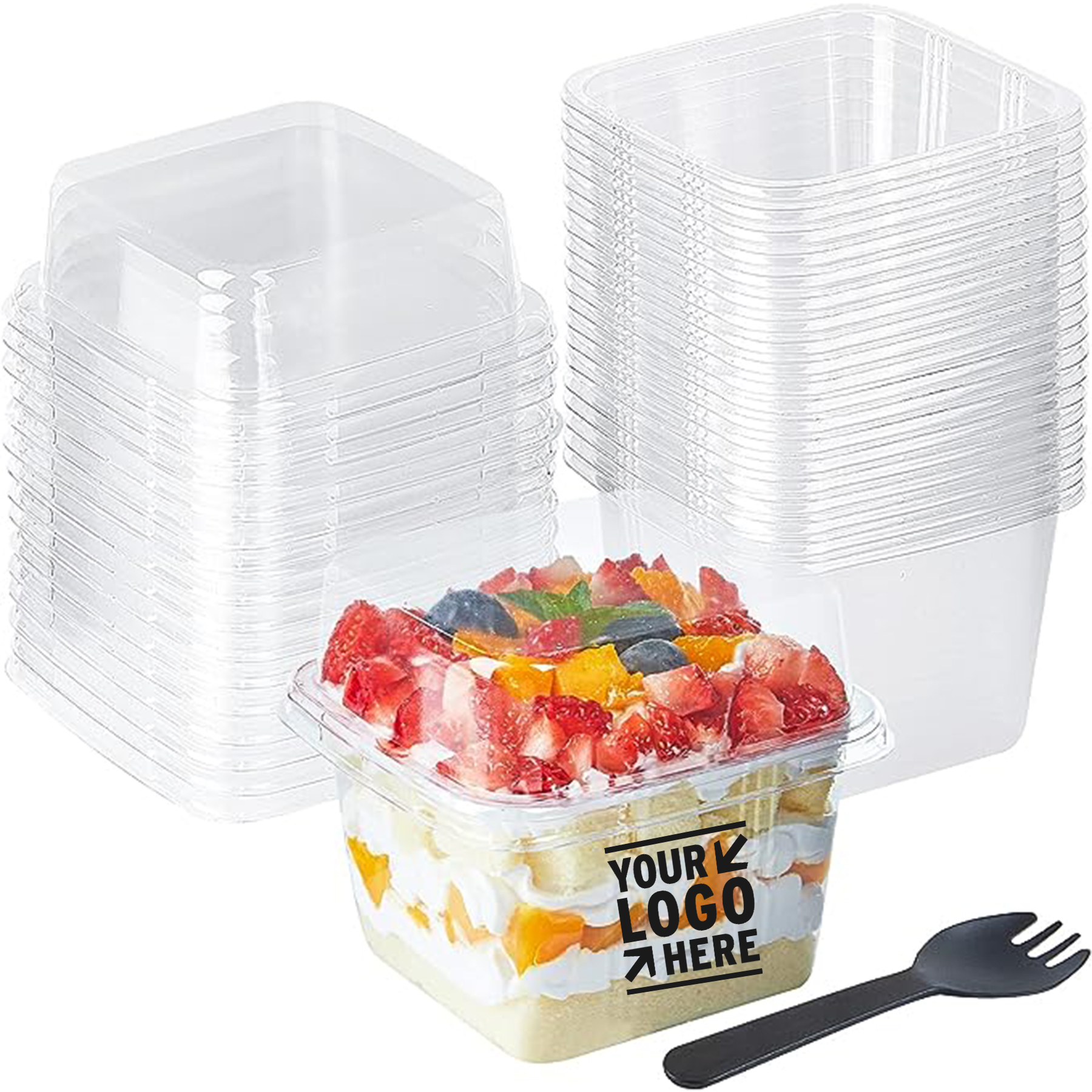 8 OZ Strawberry Square Dessert Clear Plastic To Go Container Cake Cup with Lid Spork 1