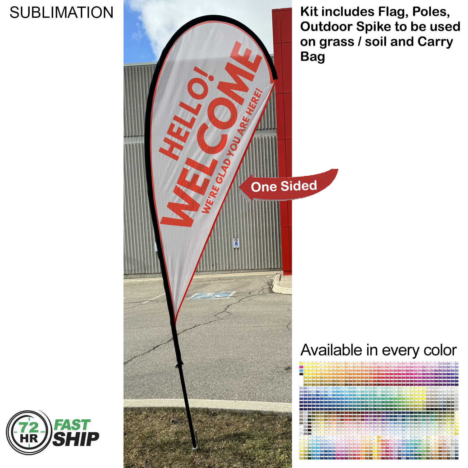 72 Hr Fast Ship - 9' Small Tear Drop Flag Kit, Full Color Graphics One Side, Spike and Bag Included. 4