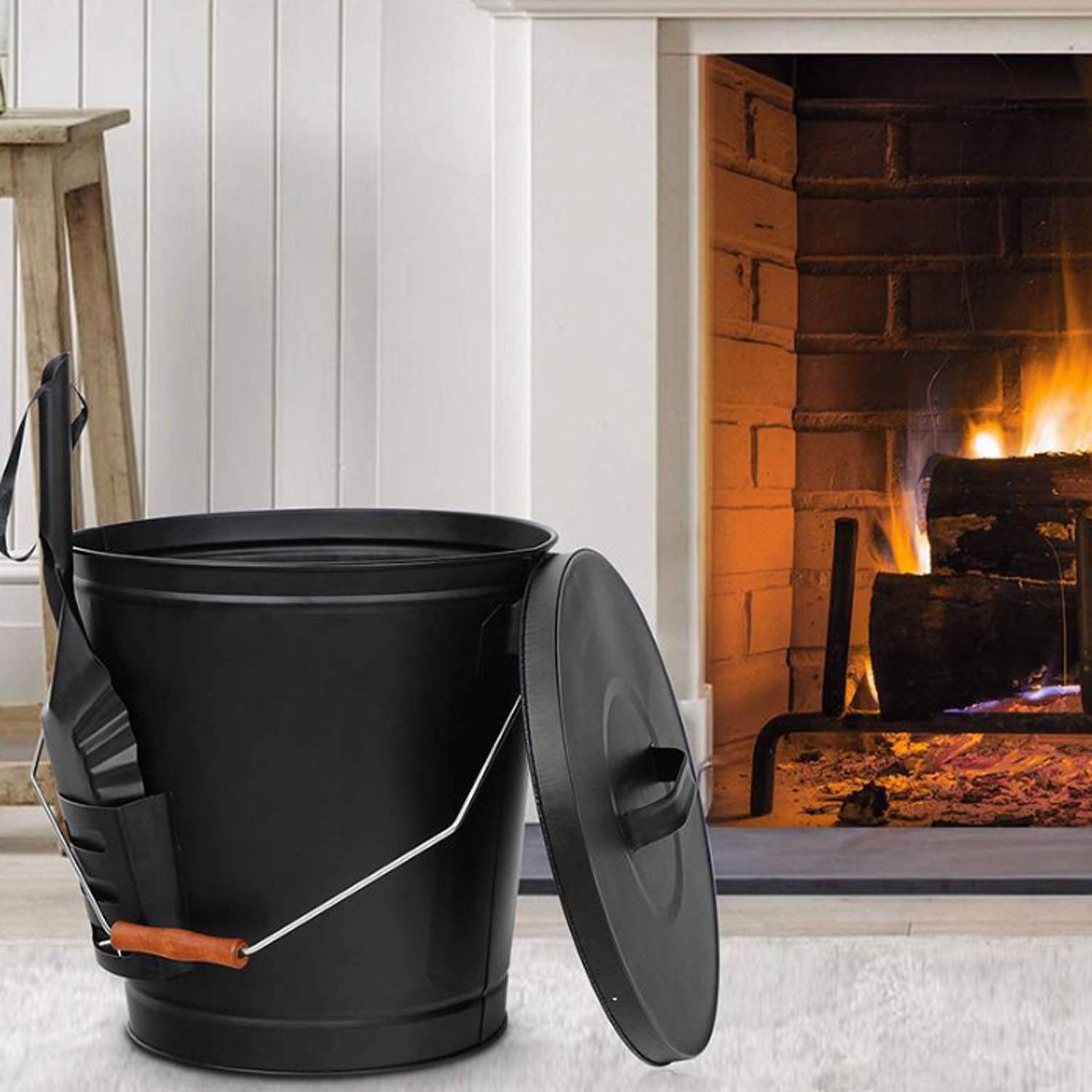 Durable Steel Fireplace Ash Bucket w/ Lid and Shovel 4