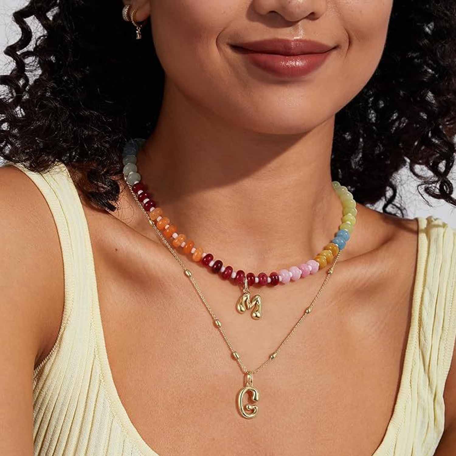 14K Letter Pendant Necklace Colorful Beaded Choker 6