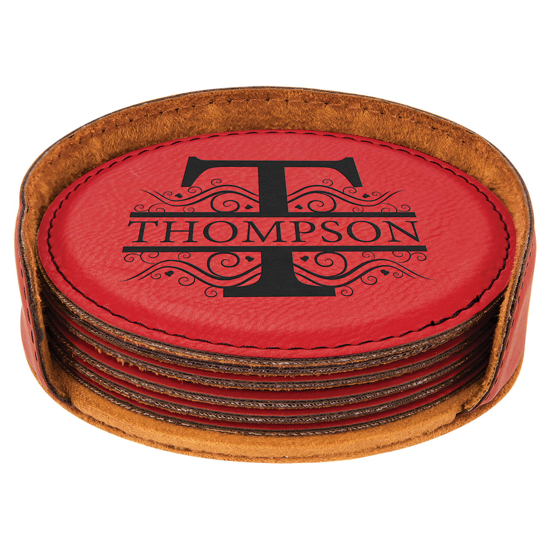 4" Red Leatherette Round 6-Coaster Set 2