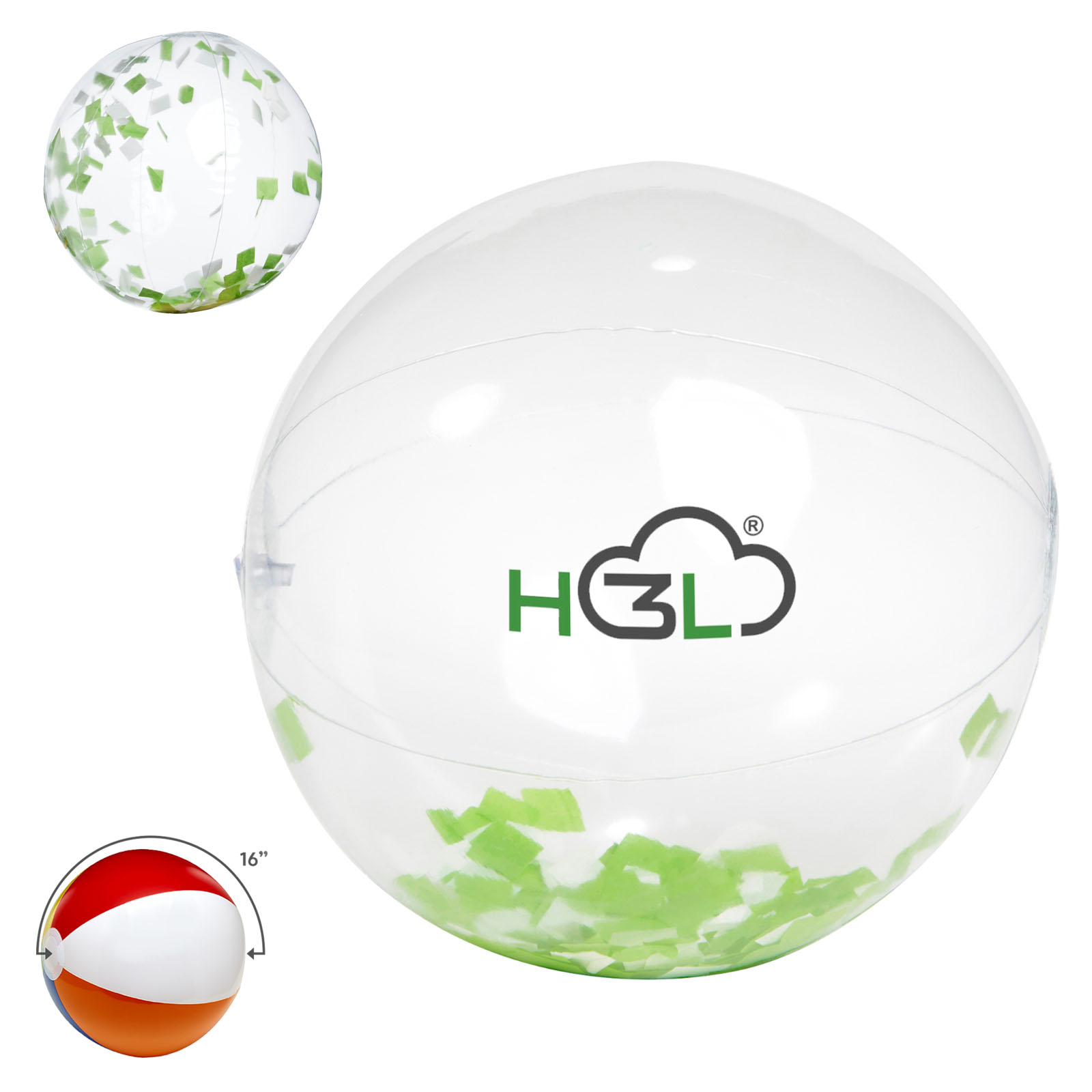 16" Green and White Confetti Filled Round Clear Beach Ball