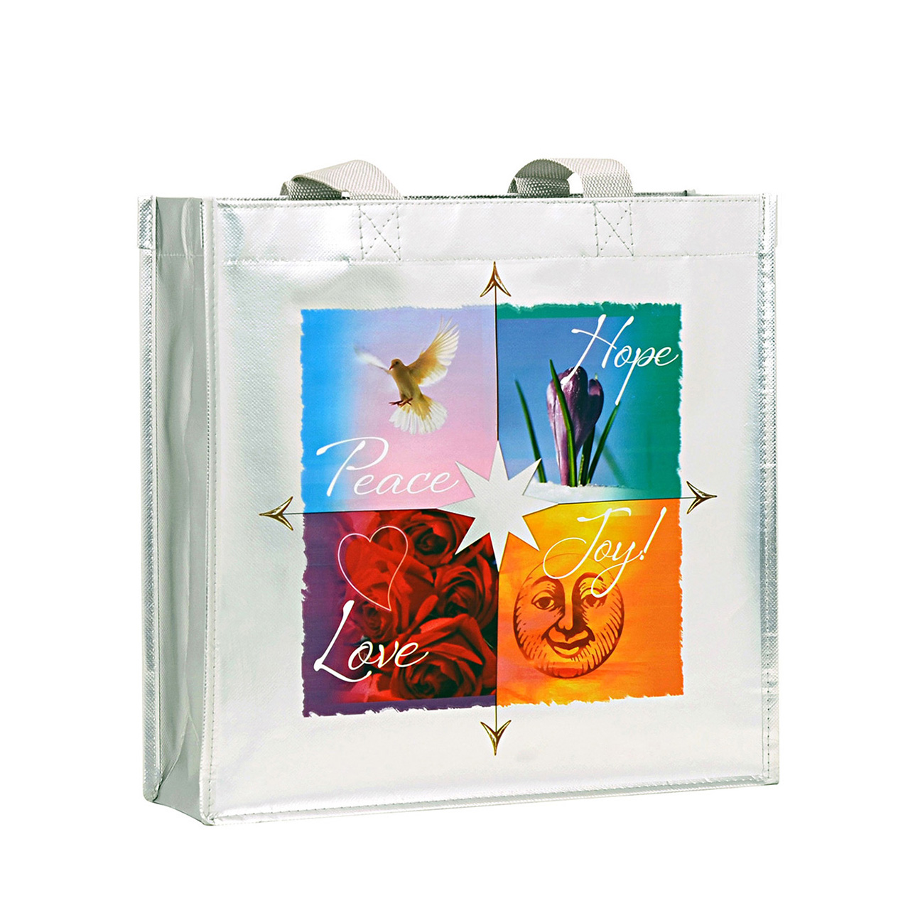 Full-Color Printed Laminated Metallic Silver Tote Bag 14"x15"x4" 1