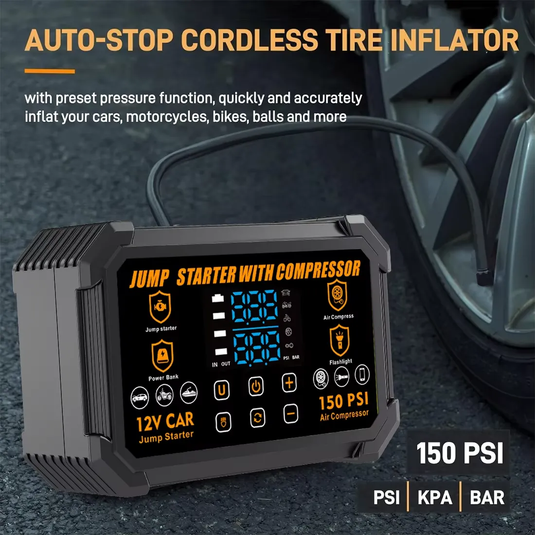 Portable 4-in-1 Jump Starter with Air Compressor 2
