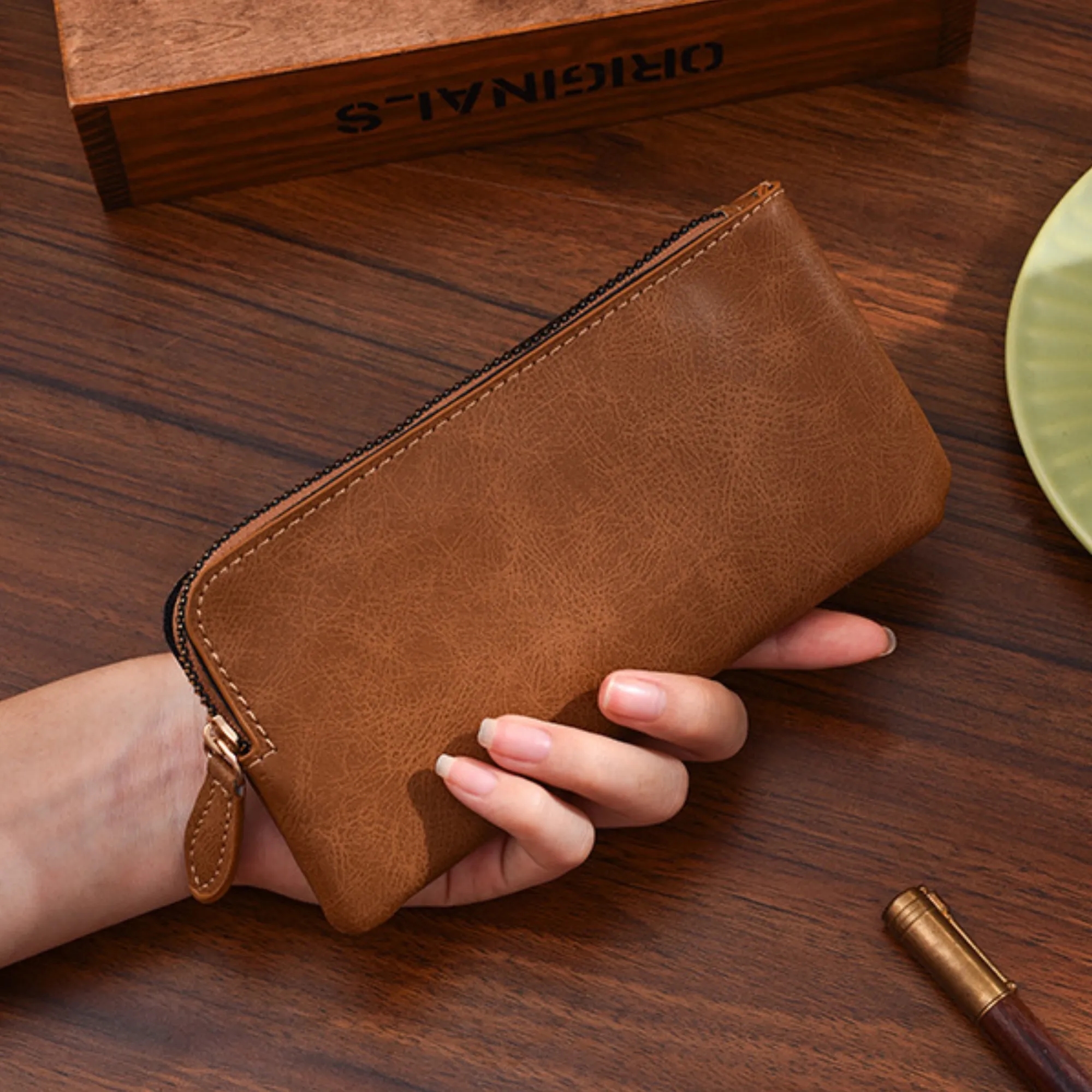 Leather Purse Zippered Clutch Wallet Card Bag 2