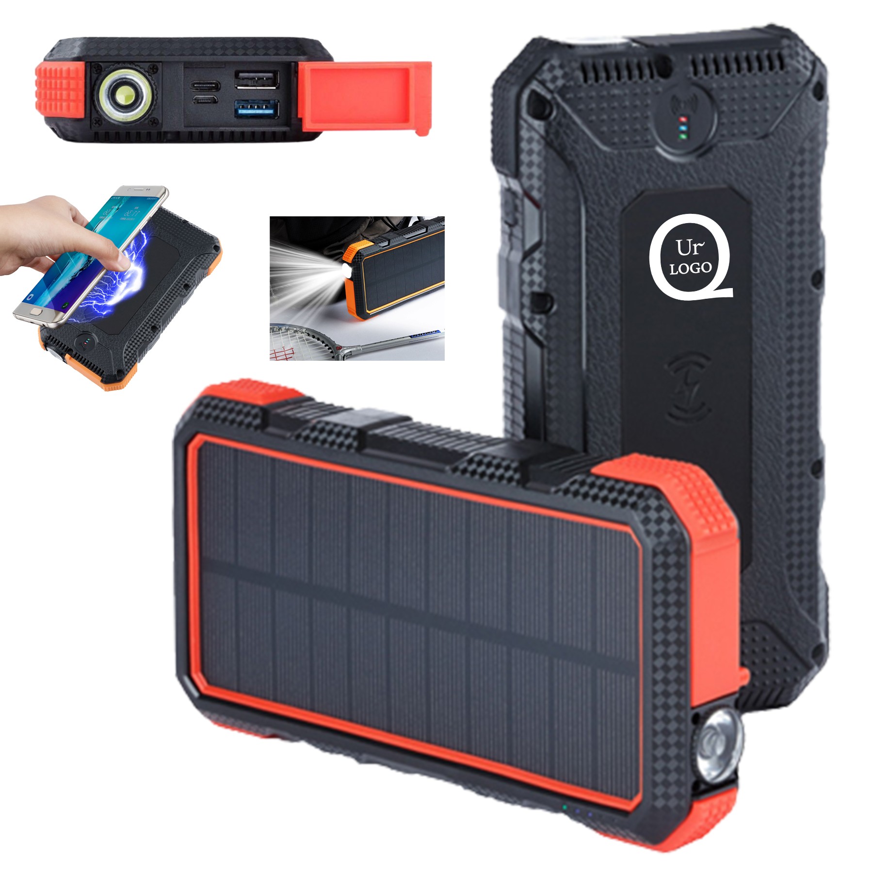 24000Mah Wireless Charging Solar Power Bank Flashlight