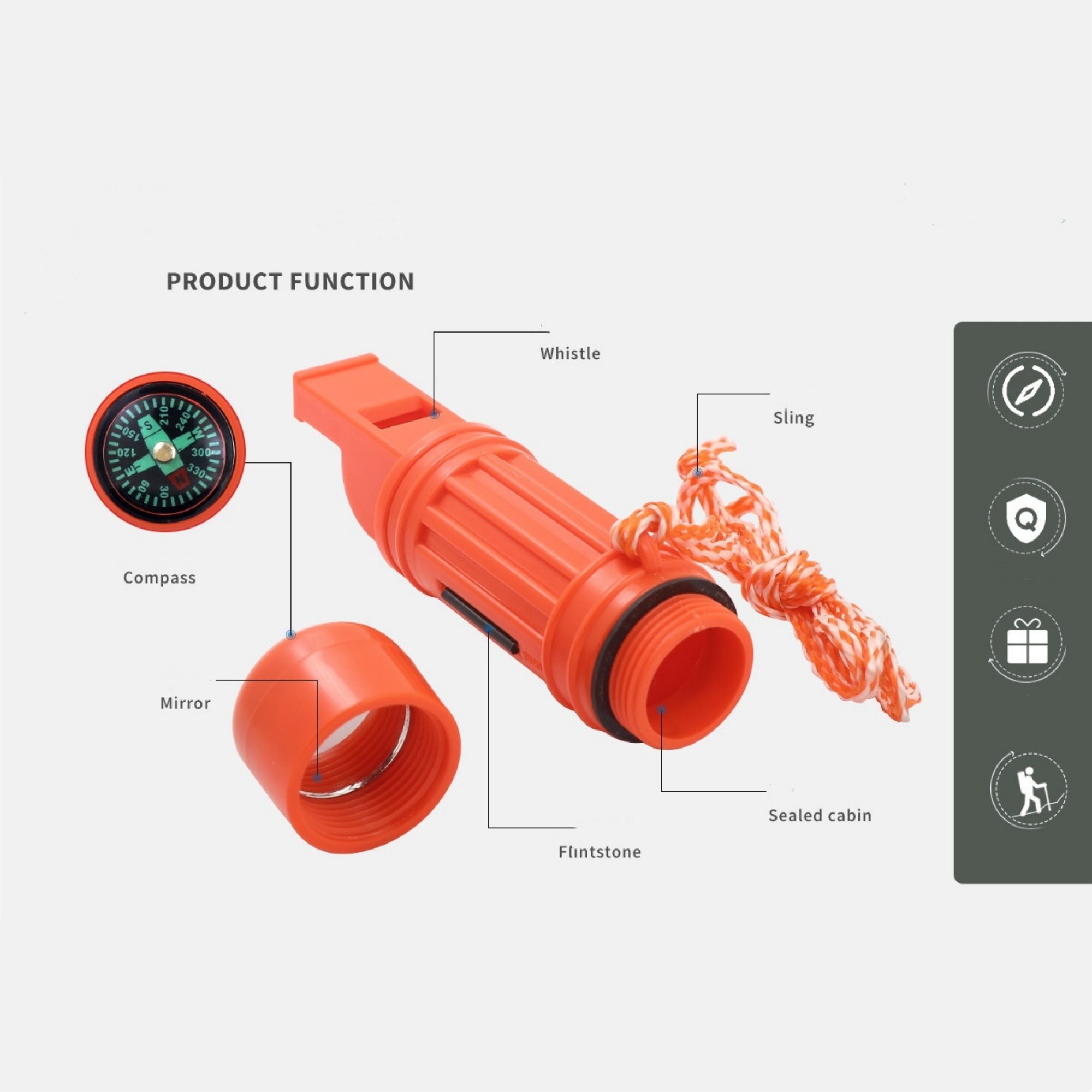5-in-1 Orange Survival Compass With Whistle 5