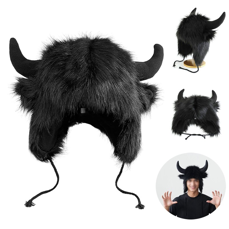 Halloween Ox Horn Plush Hat Cosplay Winter Windproof Ear Protection Warm Faux Fur Bull Horn Hats 2
