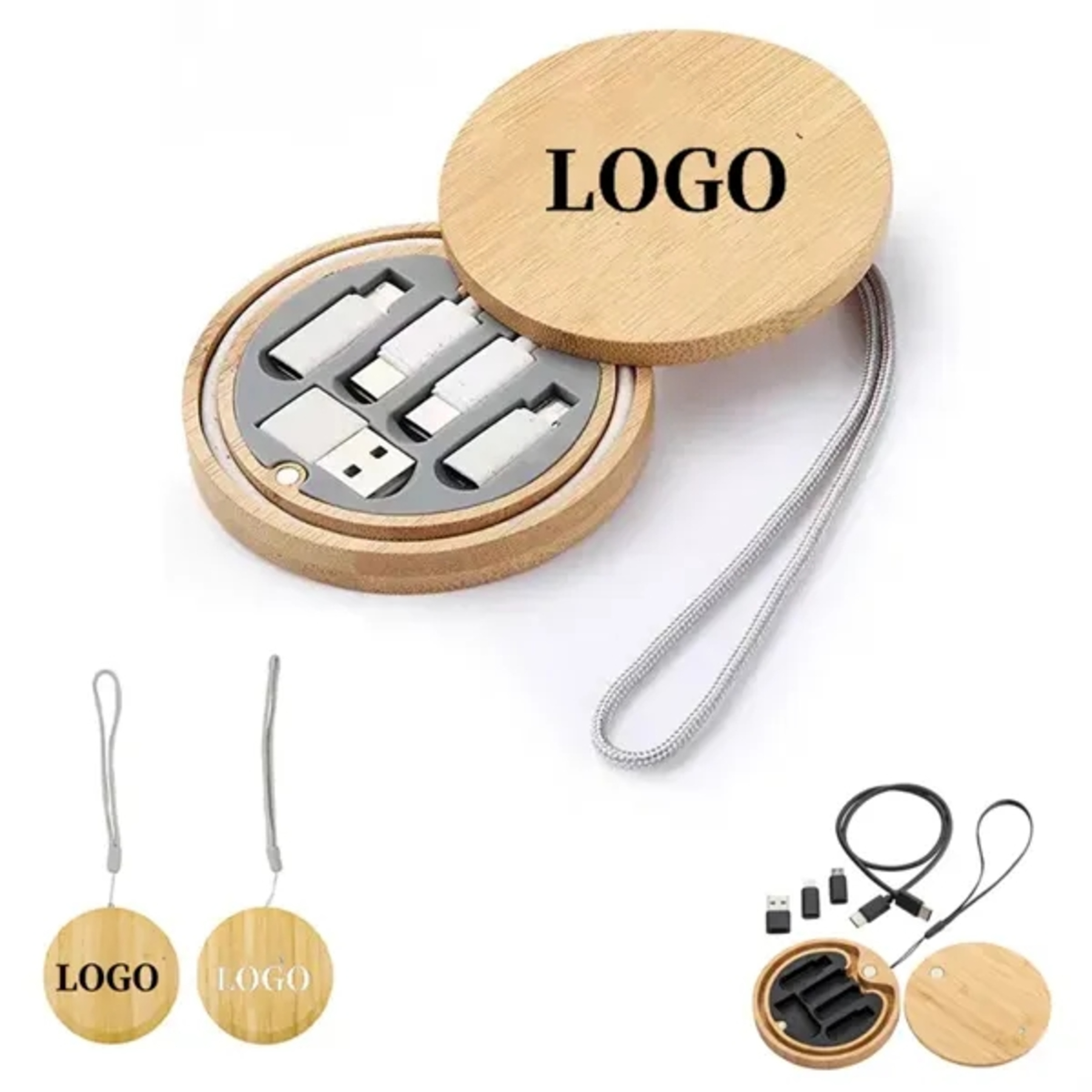 Round Bamboo Charging Cable Kit 2