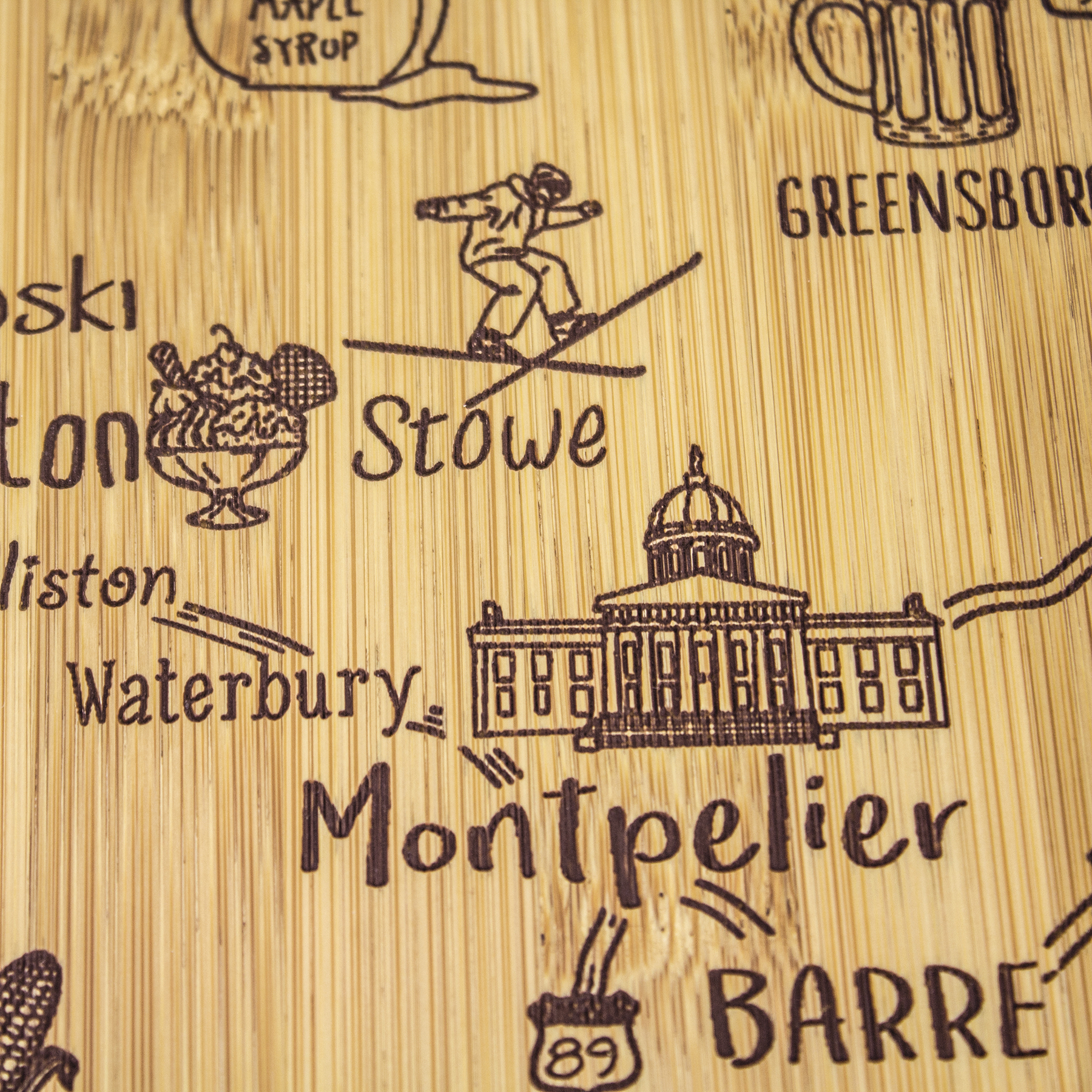 Destination Vermont State Shaped Bamboo Serving and Cutting Board 11