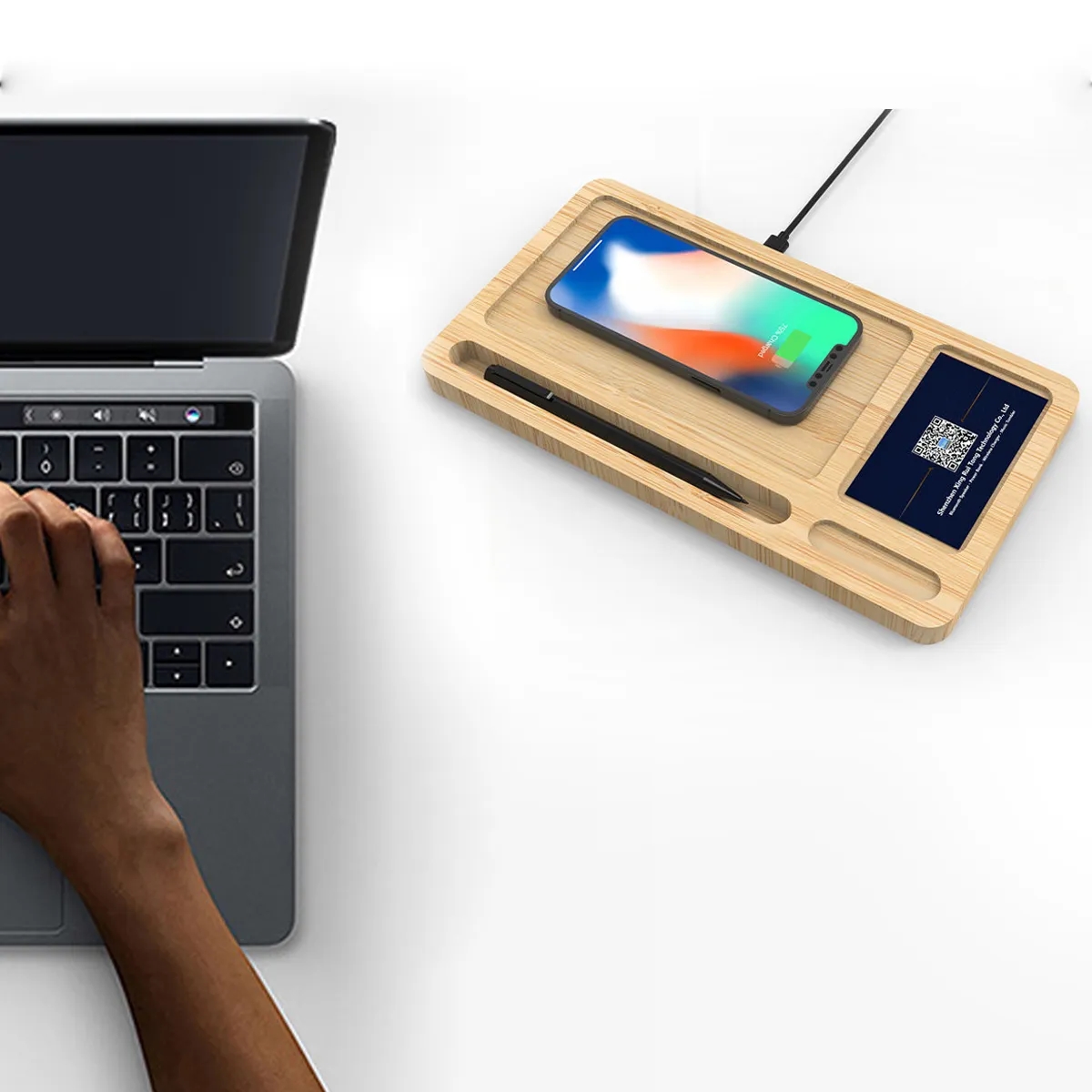 Bamboo Wireless Charging Desk Tray Organizer 15W 3