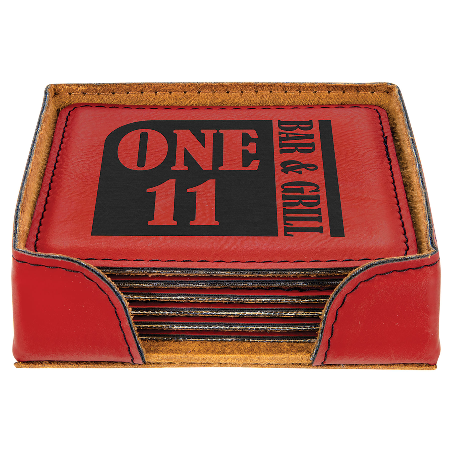 4" x 4" Red Square Leatherette 6-Coaster Set with Holder 2