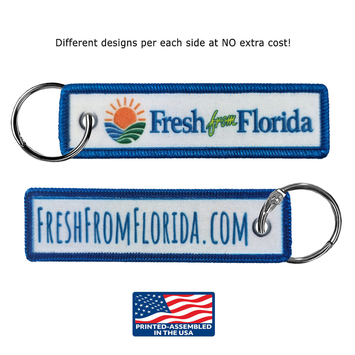 1 1/2” x 5” Two Sided 4CP Dye Sub Medium Size Key Ring with Merrow Border