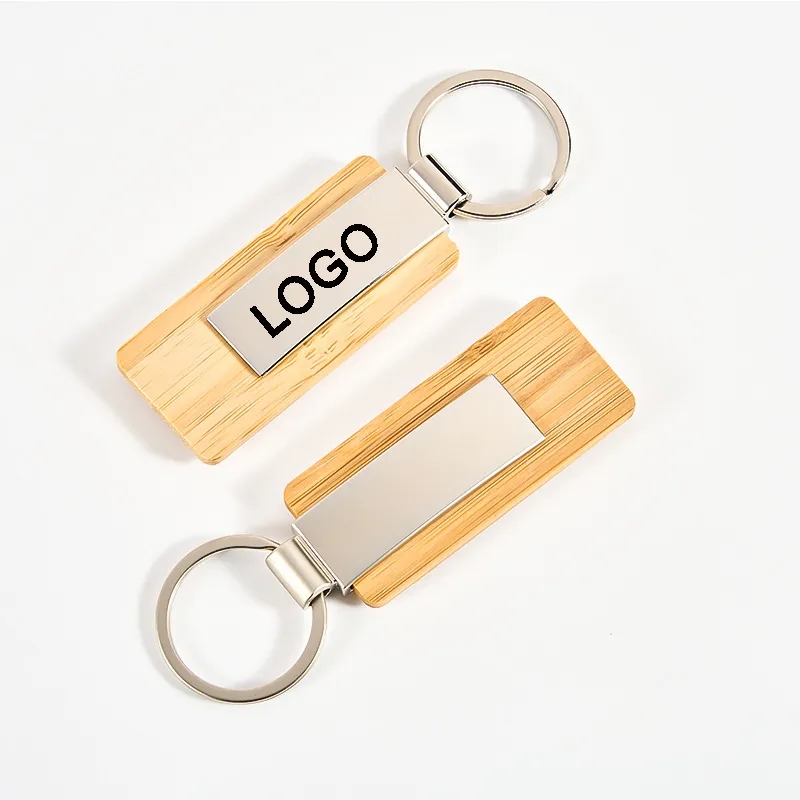 Rectangular Bamboo and Metal Keychains 1