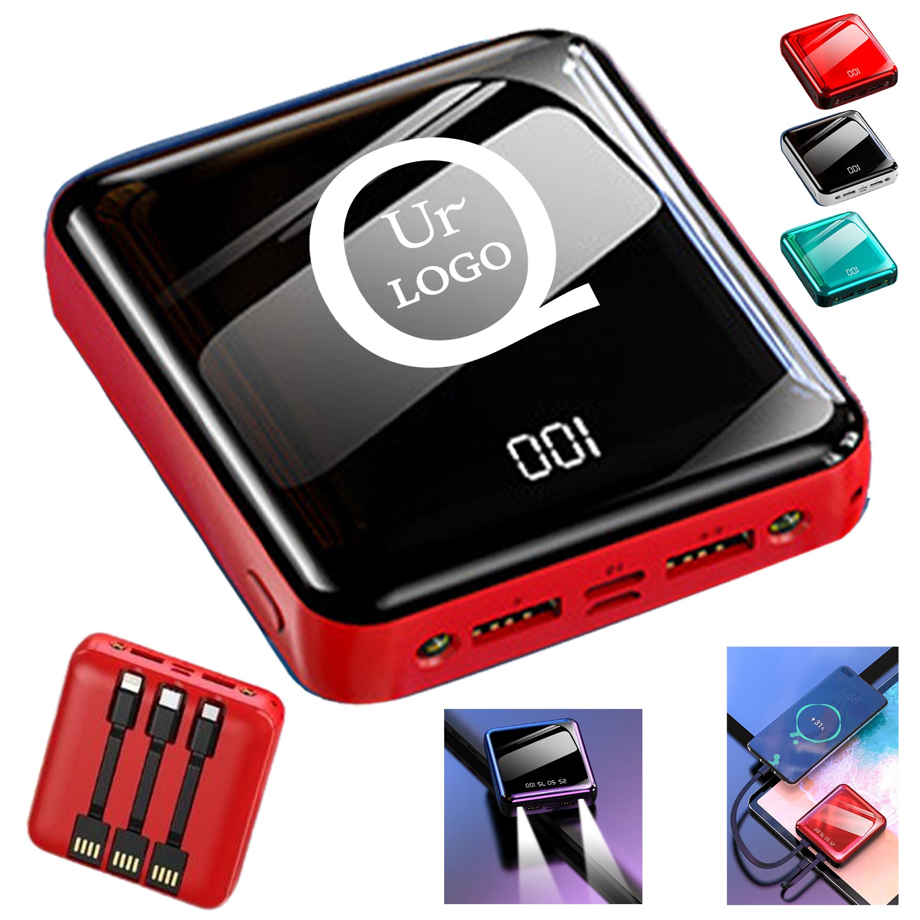 Mini High-Capacity Power Bank Flashlight W/ 3 Charging Cable