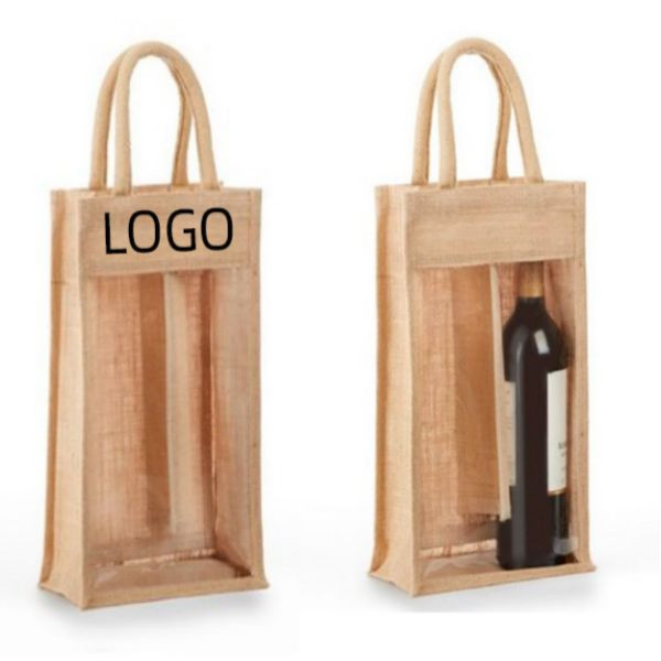 Clear Front Jute Double Bottle Wine Bag 2