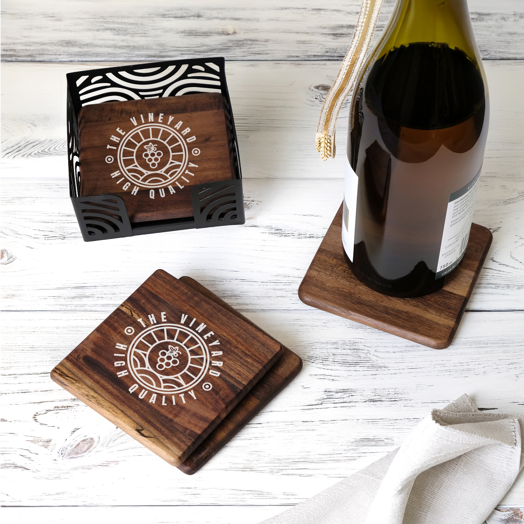 4 Pc. Acacia Wood Square Coaster Set with Black Metal Stand 6