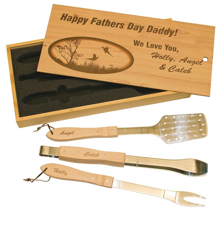 Three Piece BBQ Set in Wooden Pine Box with an engraved top 2