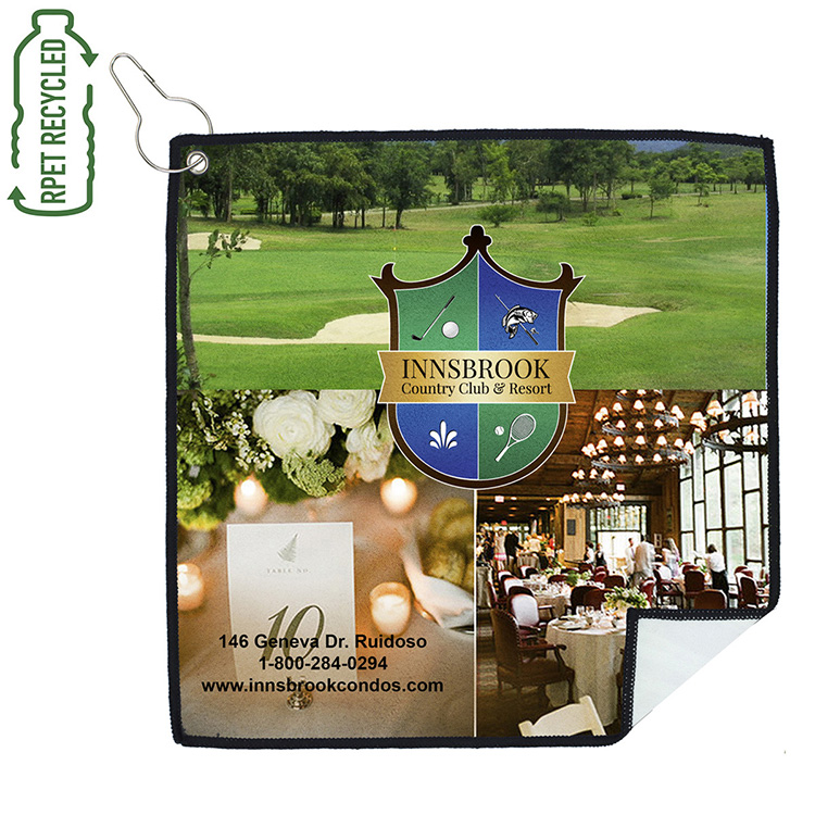 12" X 12" -"TEE OFF" Recycled RPET Suede Golf Towel Full Color Import Air Ship