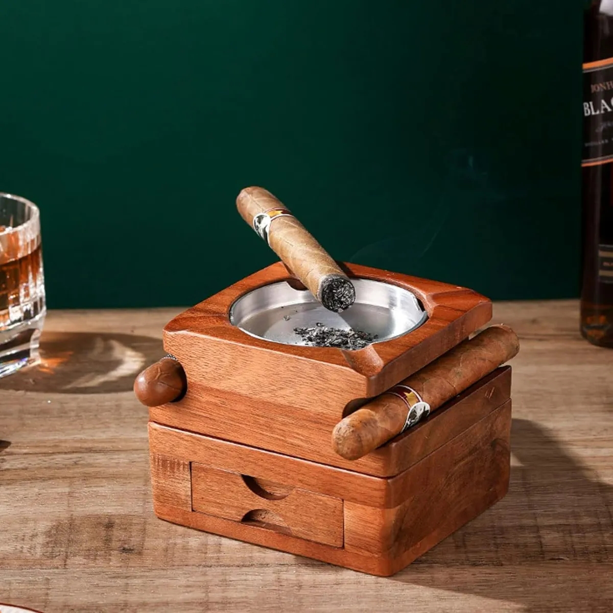 Wood Cigar Ashtray With Whiskey Glass Holder And Drawer 5