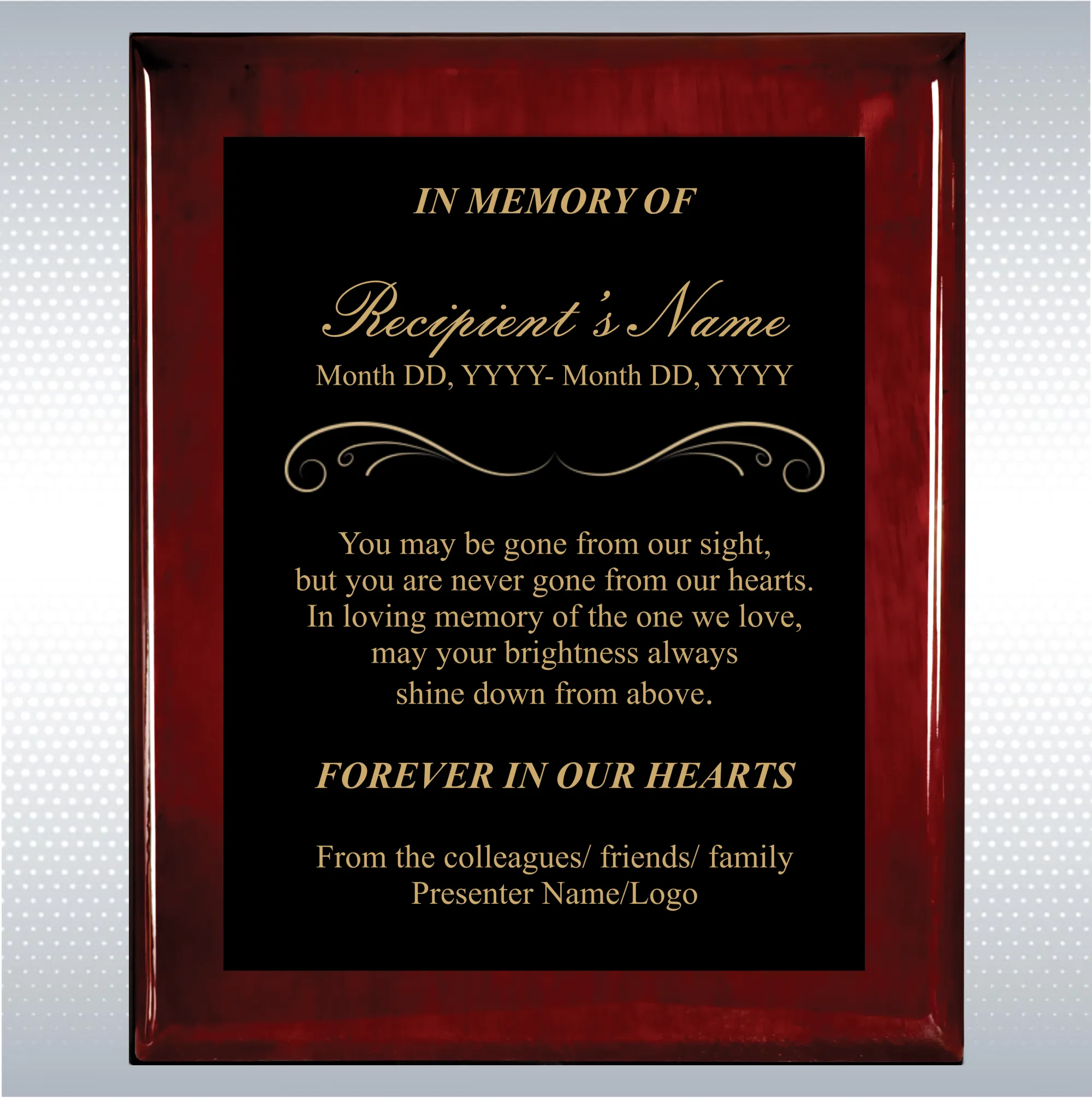Rosewood Piano Finish Wood Personalized Memorial Plaque Gift 14