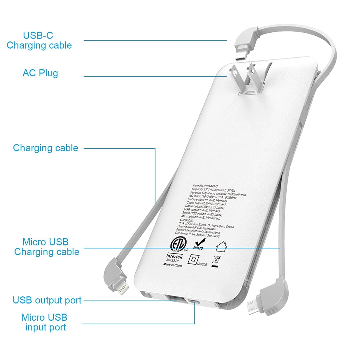 10000mAh Power Bank w/Built-in AC Wall Plug Cables 1