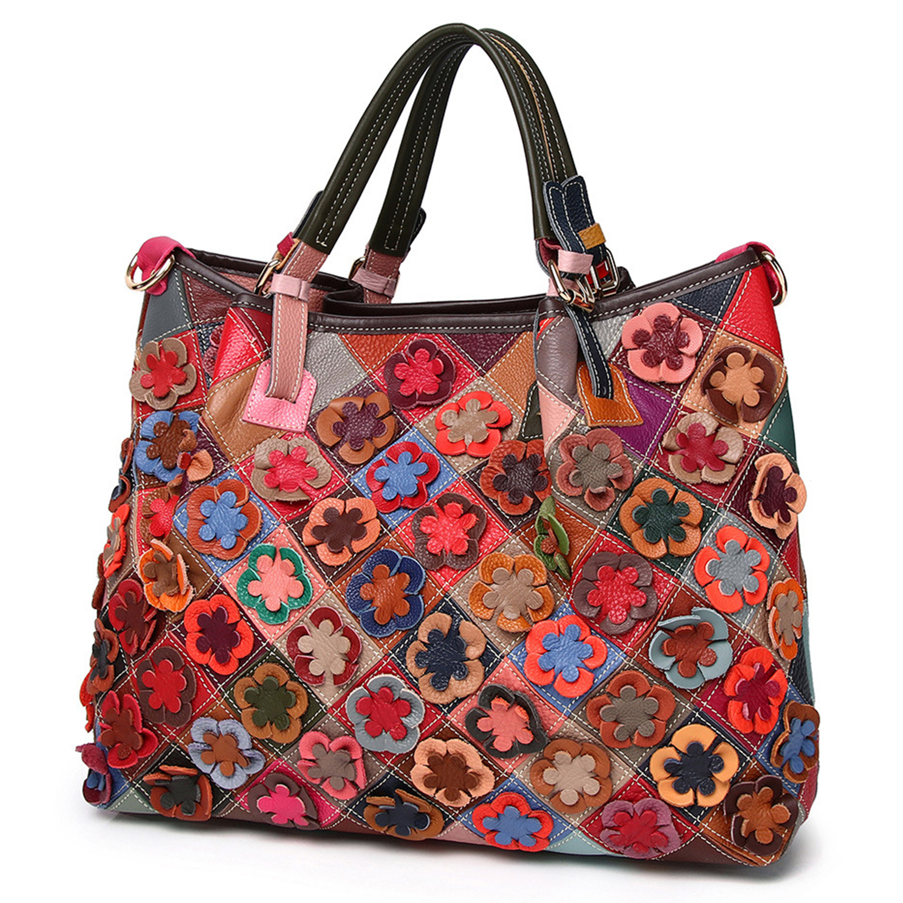 Genuine Leather Colorful flowers hand-paneled plaid tote bag 2