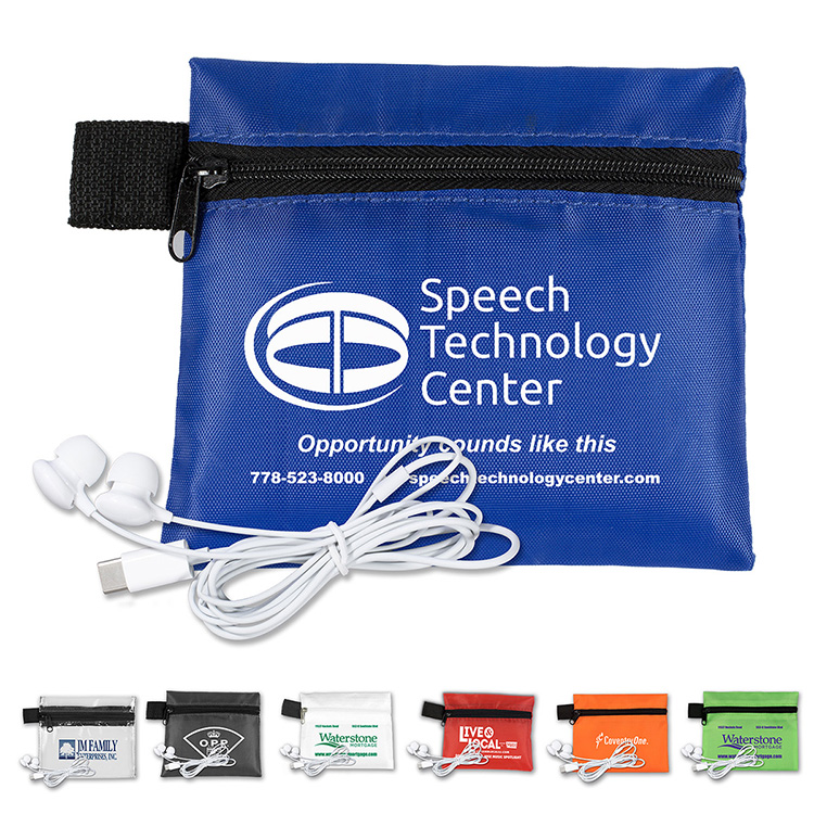 Mobile Tech Earbud Kit In Zipper Pouch Components inserted into Polyester Zipper Pouch
