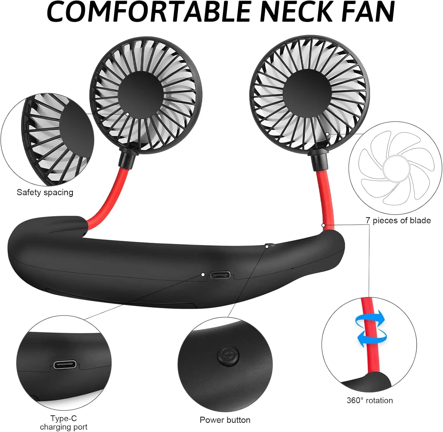 Portable Neck Fan 2500 mAh Rechargeable USB Hands-Free 5