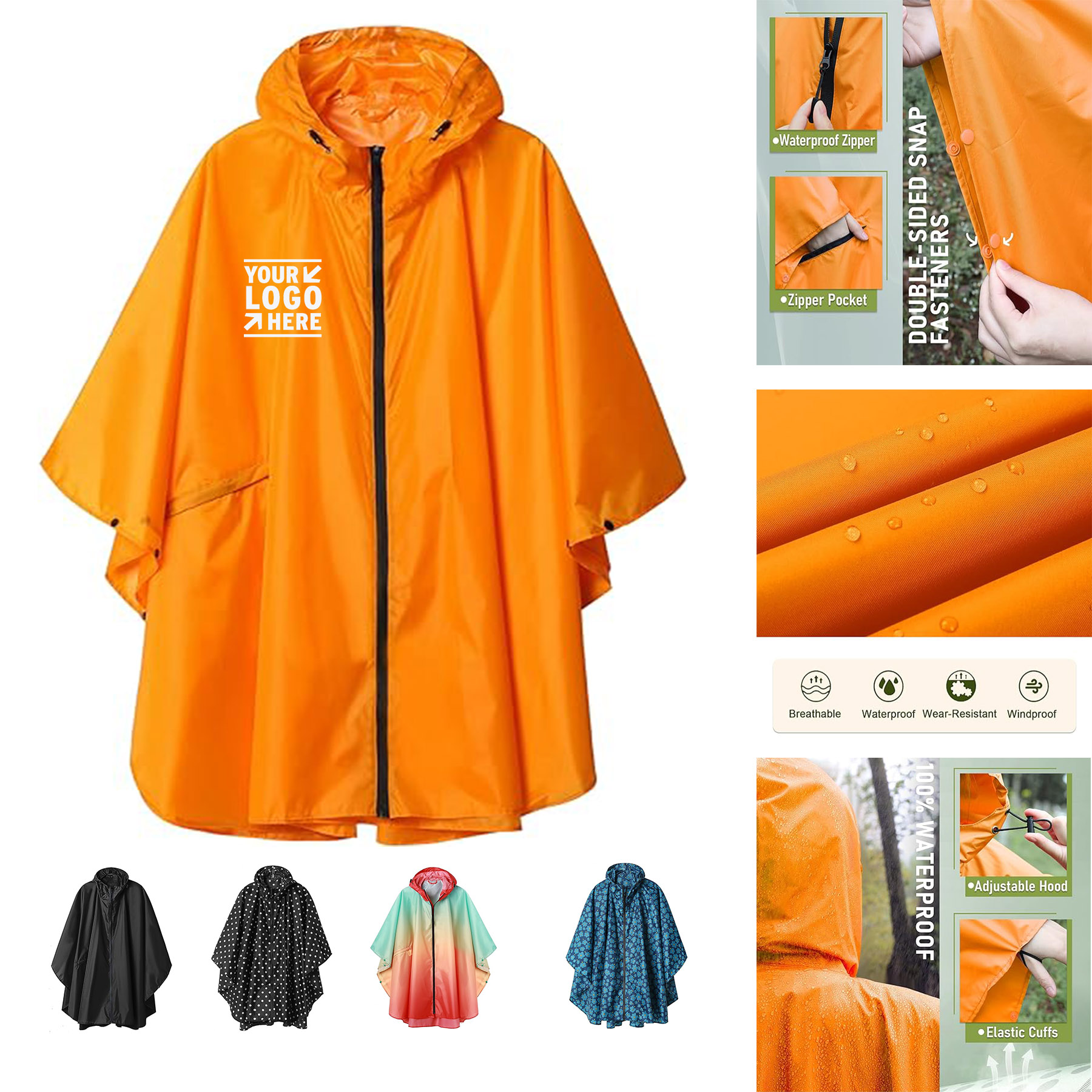 Adults Women Unisex Waterproof Rain Poncho Hooded Raincoat with Pockets 2