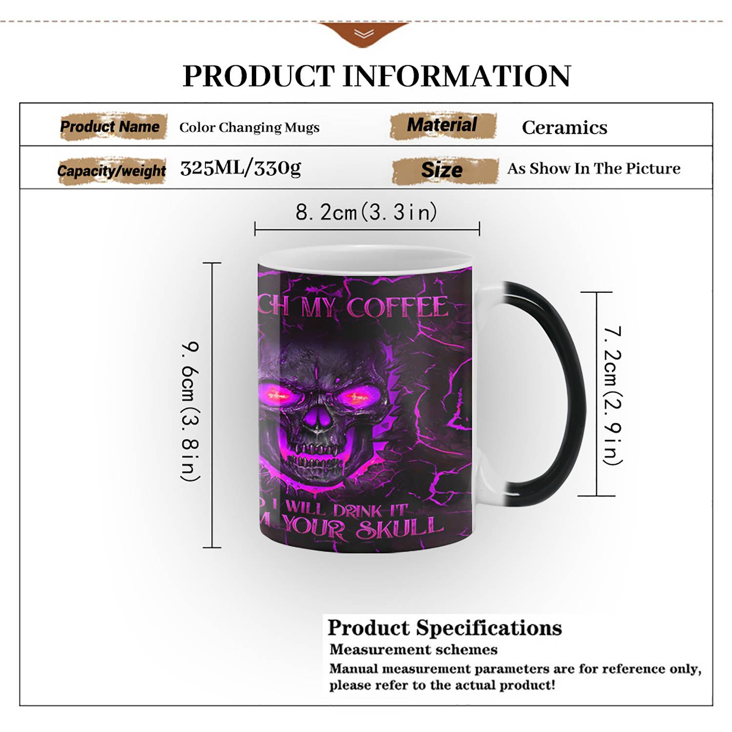 13oz Heat Sensitive Color Changing Ceramic Skull Design Mug 11
