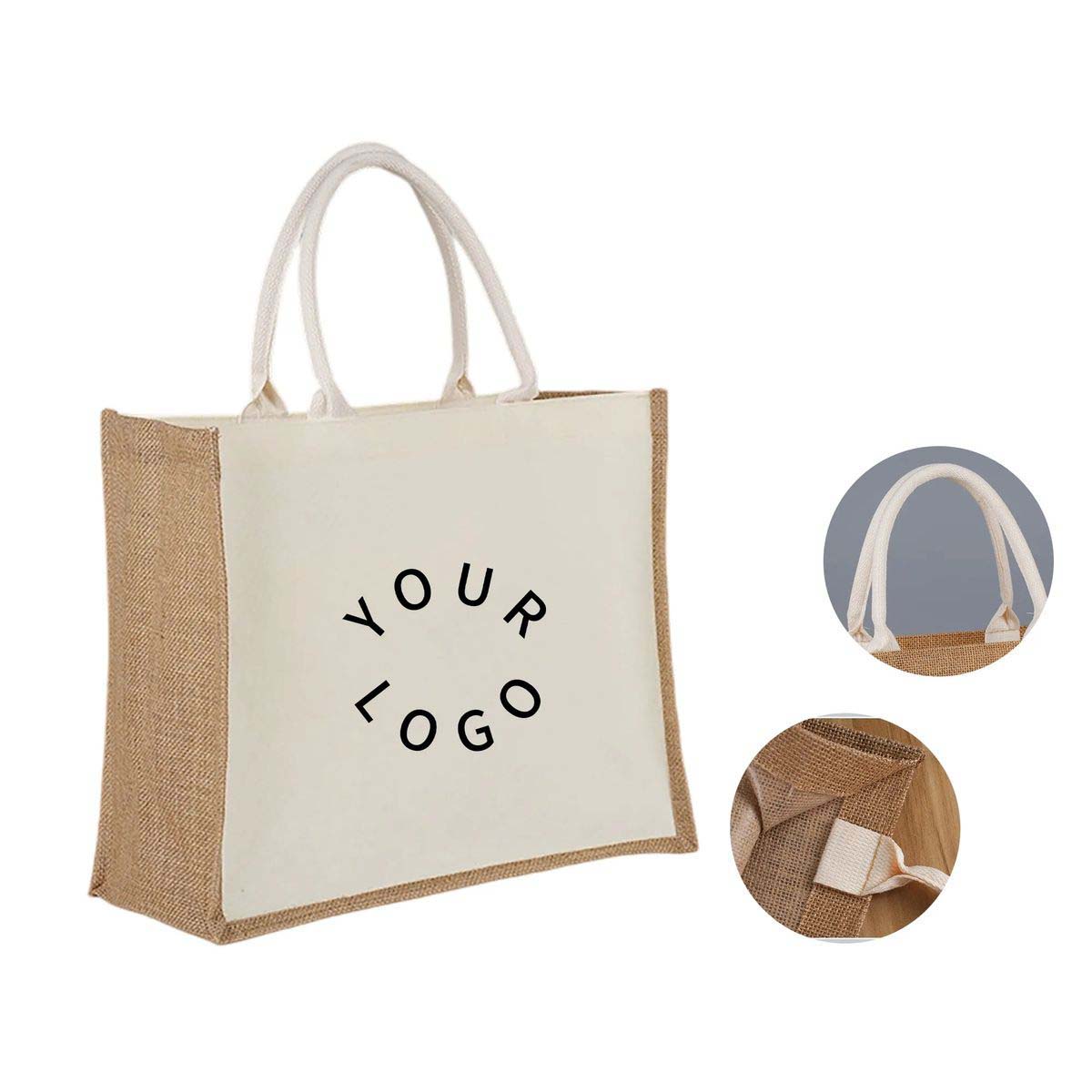 Jute Tote Bag with Canvas Panel Eco Friendly, custom tote bag with logo imprint 4