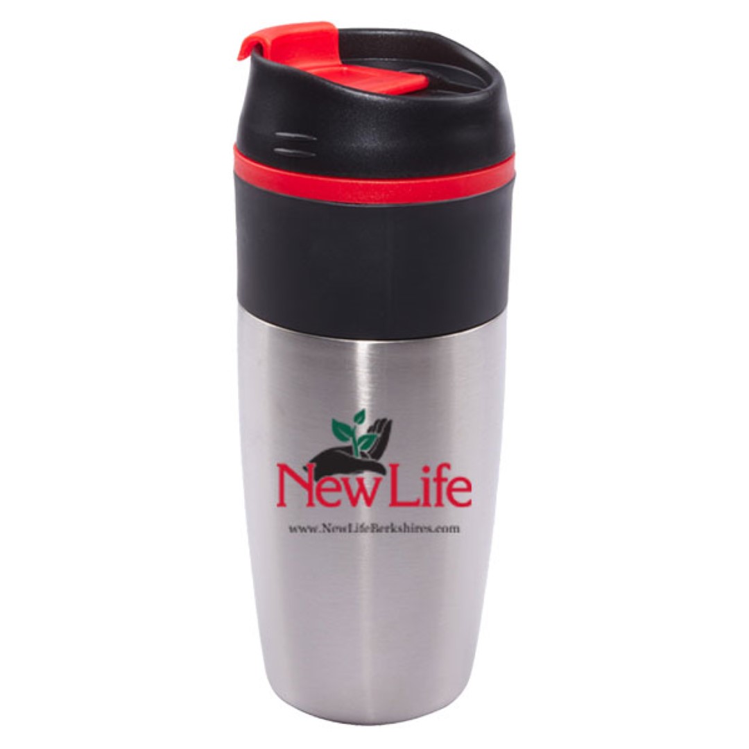16 oz Bandit Black Stainless Steel Travel Mug with Black Lid and Red Accents