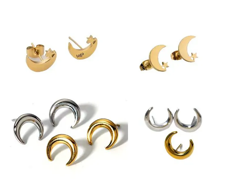 Moon and Star Shaped Titanium Stud Earrings Set 2