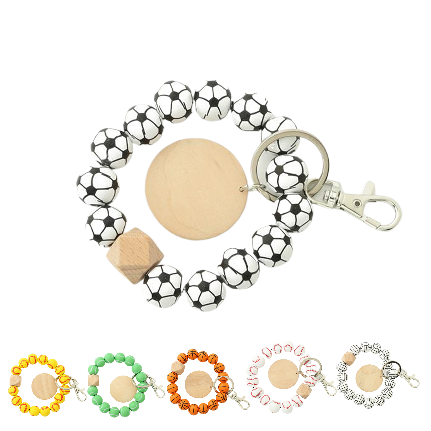 Custom Sports Ball Wooden Bead Bracelet Keychain 4
