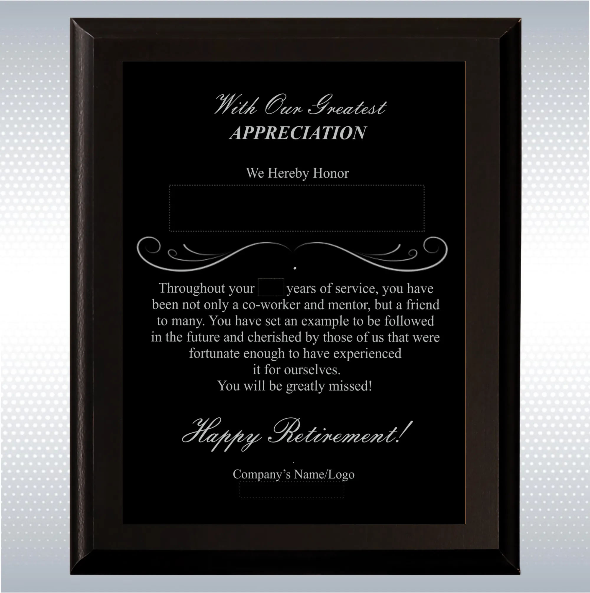 Black Matte Retirement Gift Award Plaque 15