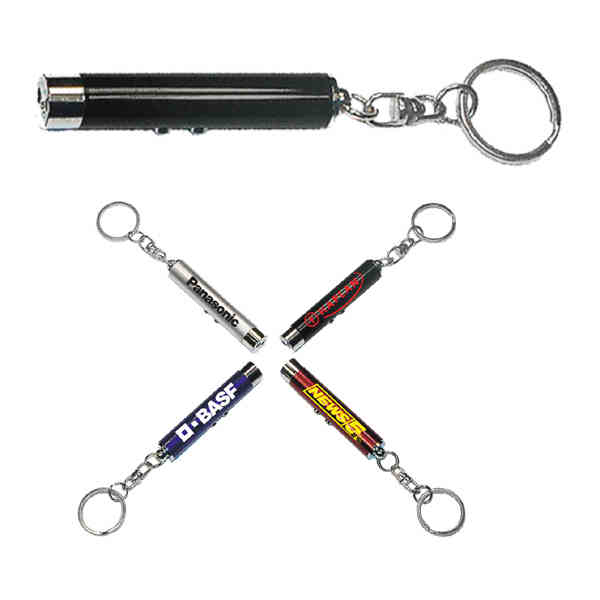 Dual function laser pointer and super bright LED flashlight with keychain.