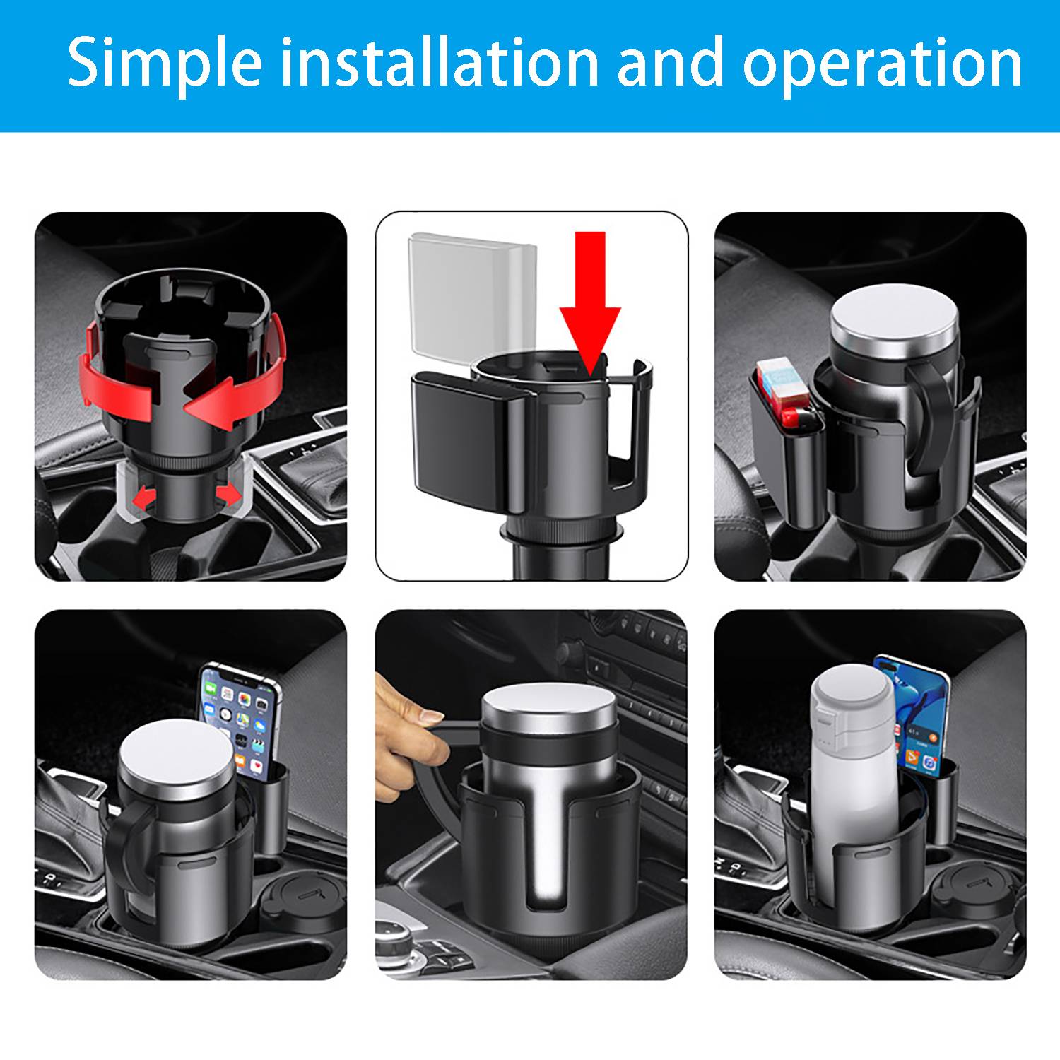 2 in 1 ABS Car Cup Holder Expander w/ Phone Mount 5