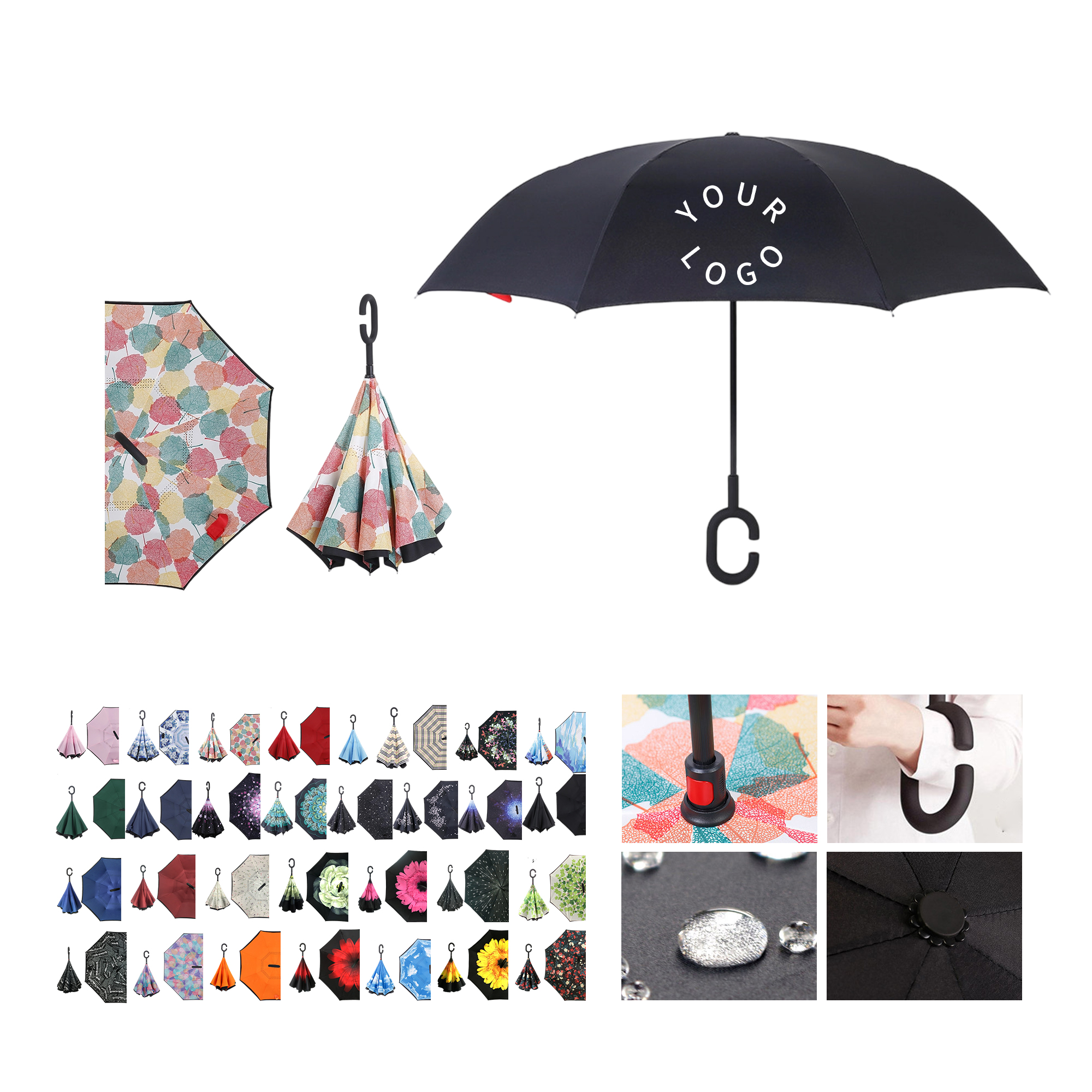 Double Layer Waterproof Reverse Folding Inverted Umbrella With Wrist Handle 42" X 31.5" 10
