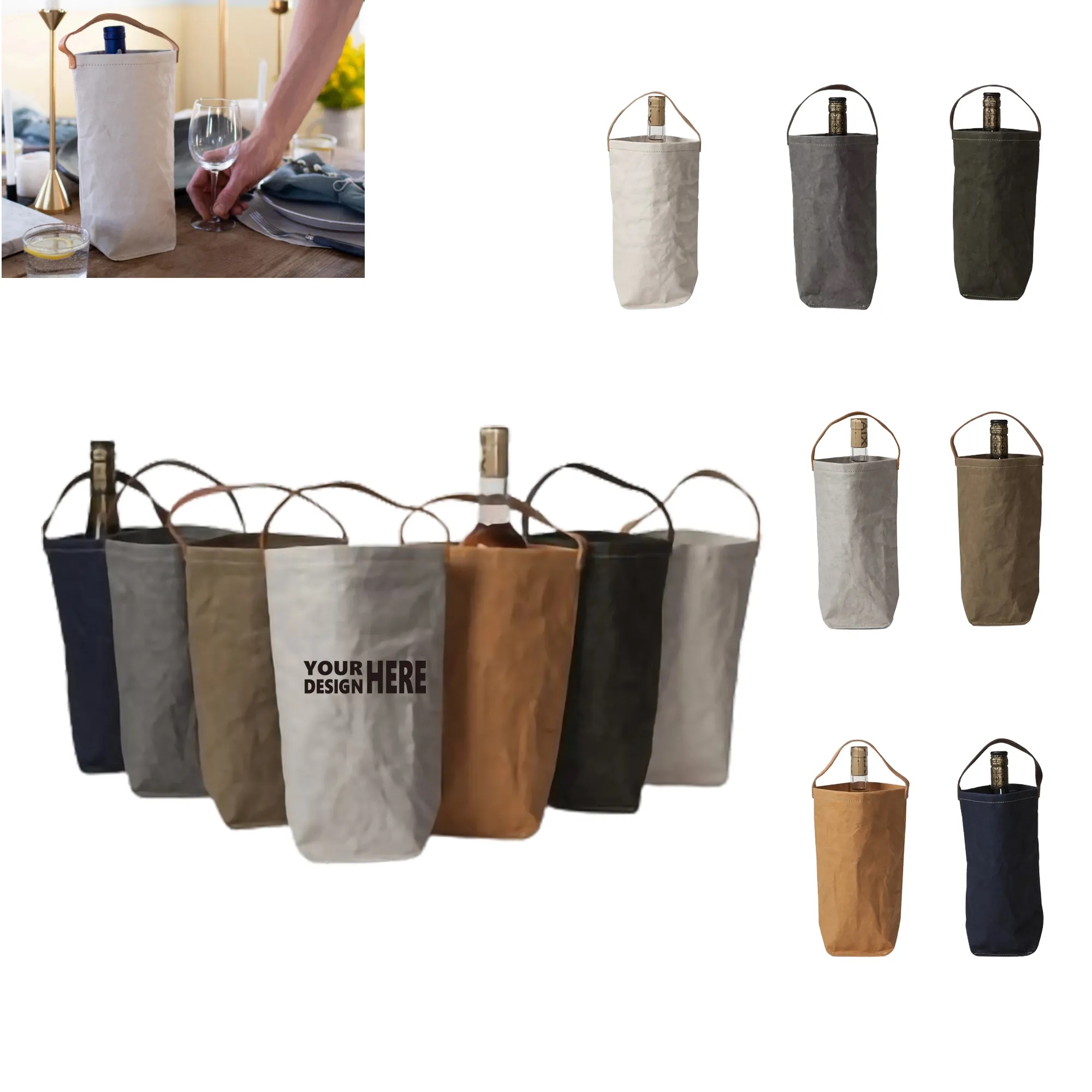 Washed Kraft Paper Single Bottle Wine Tote Bag MOQ200