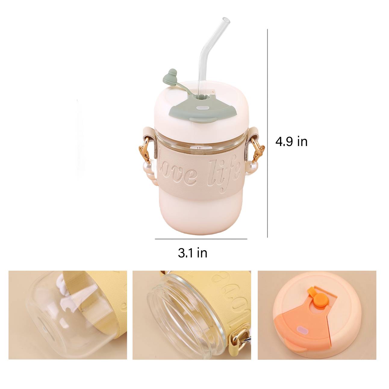 Single glass straw water bottle with pearl handle 3