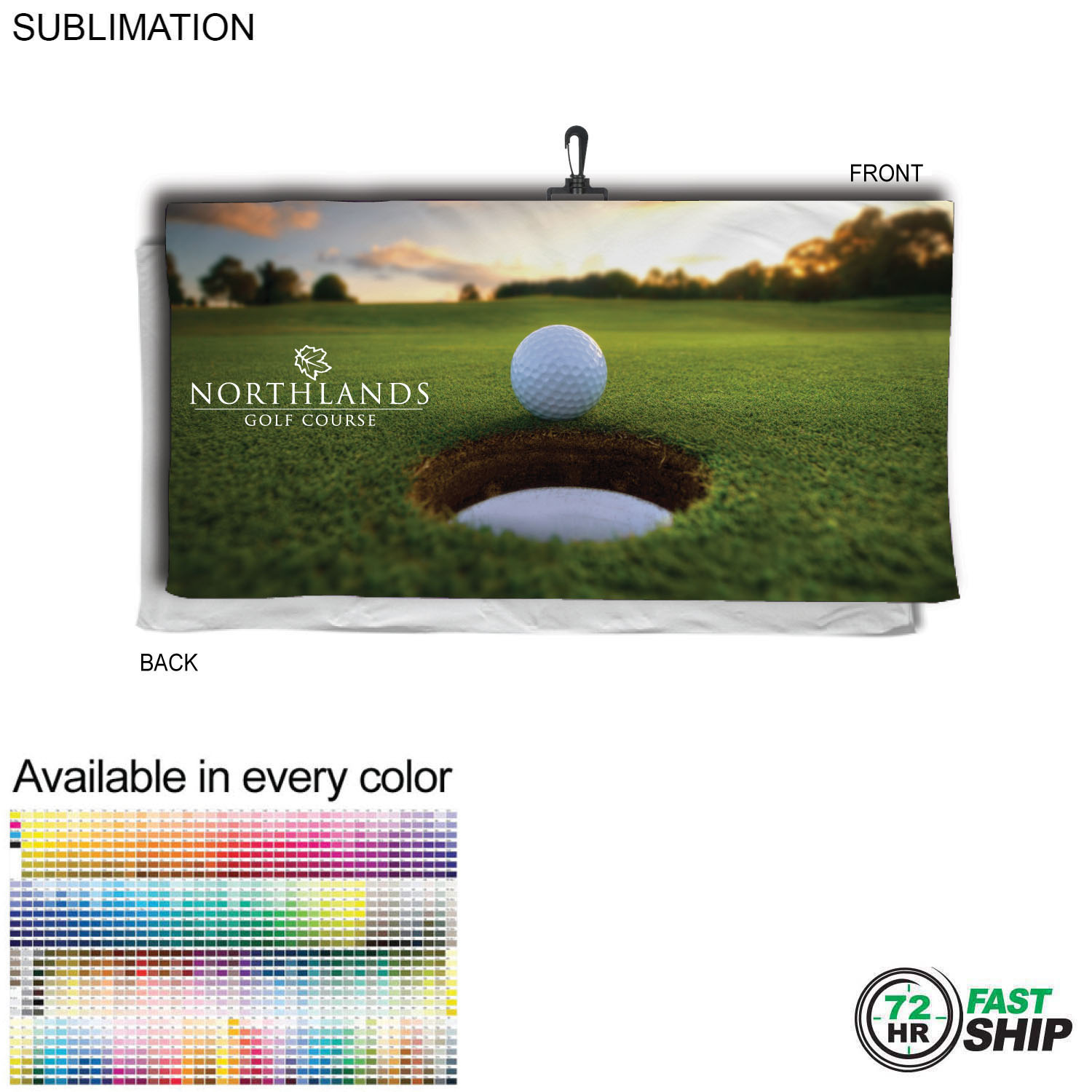 72 Hr Fast Ship - Oversized Golf Towel in Microfiber Terry, 30x60, with Black Hook, Sublimated 10