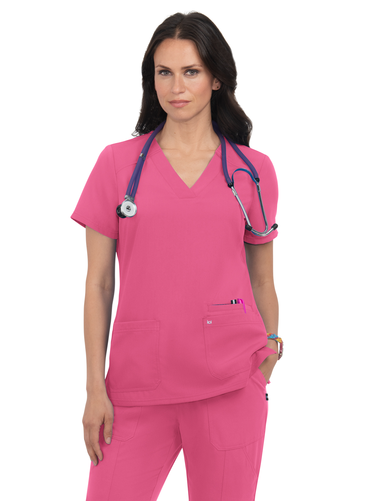 koi - Next Gen - Women's Three-Pocket Wide V-Neck Stretch Hustle and Heart Top 66