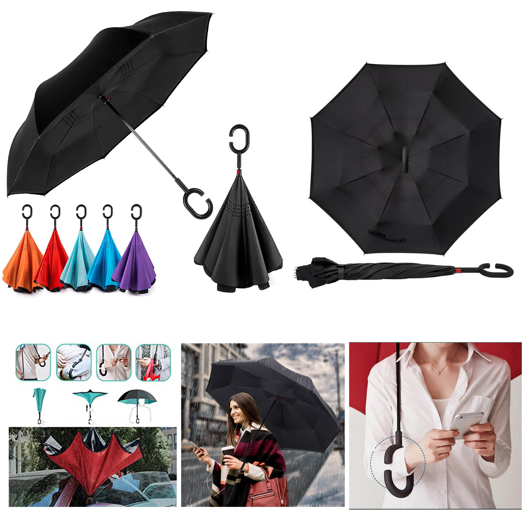 Inverted Umbrella Double-Layer Standing C-Shaped Long Handle Car Umbrella 1