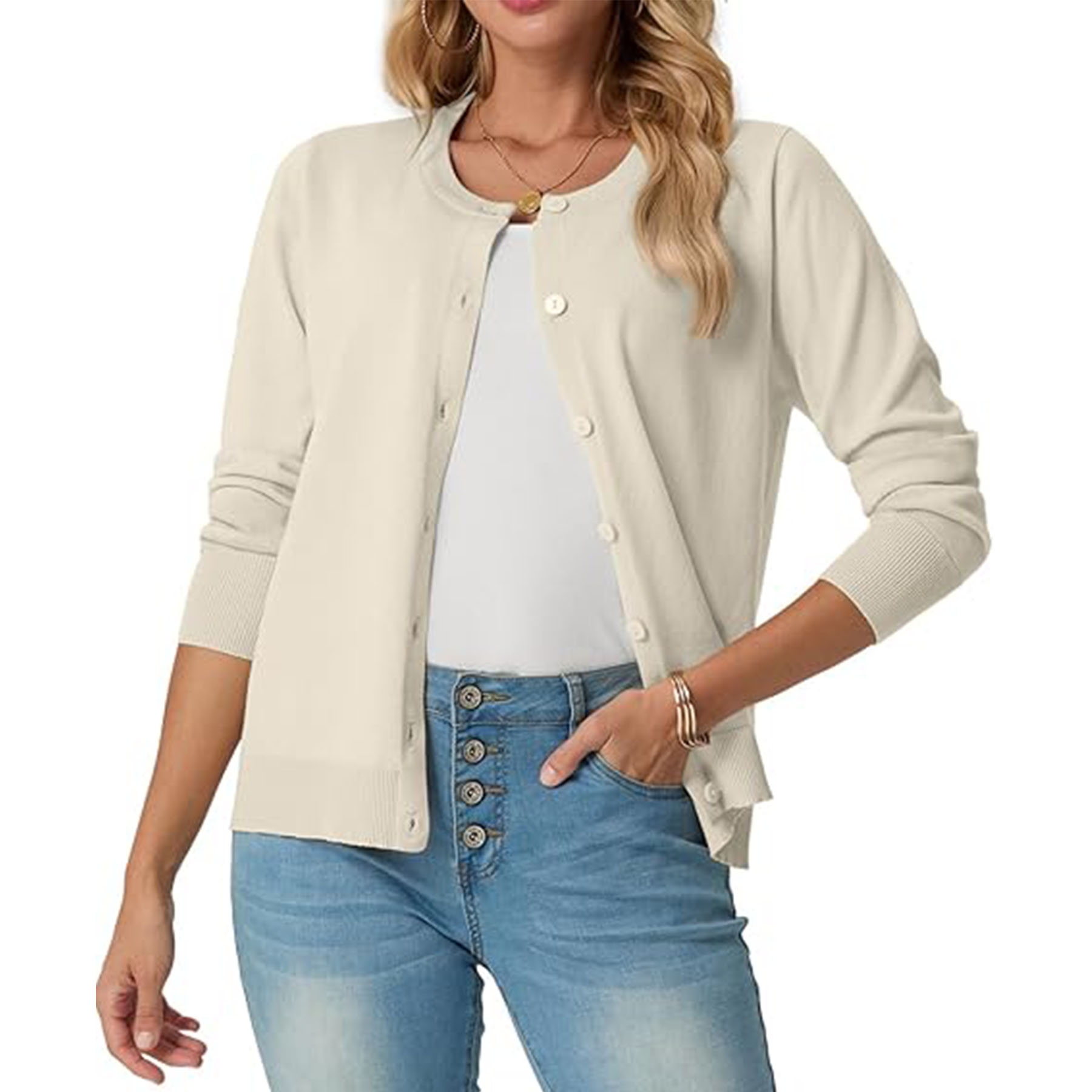 Women's Long Sleeved Lightweight Round Neck Casual Cardigan 19