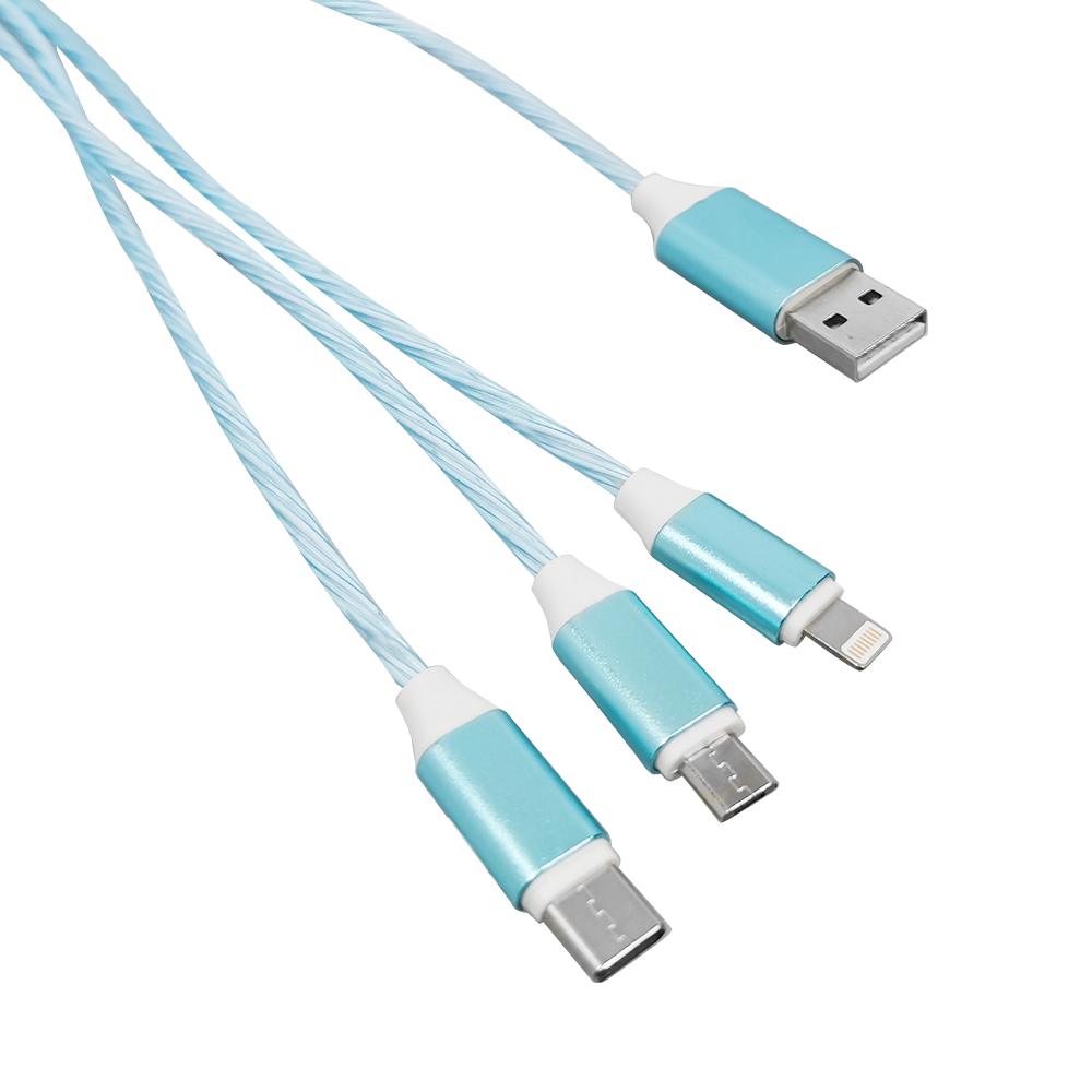 Calumet 4ft, 3in1 LED Flowing Charging Cables with Type C, Android and IOS