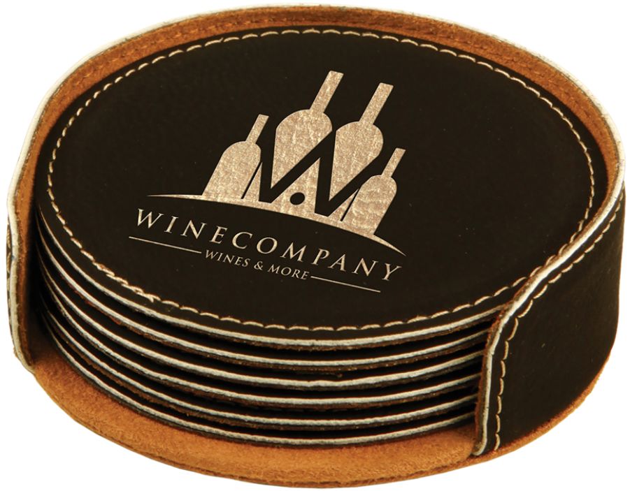 Black Leatherette Set of Six Round Coasters 2