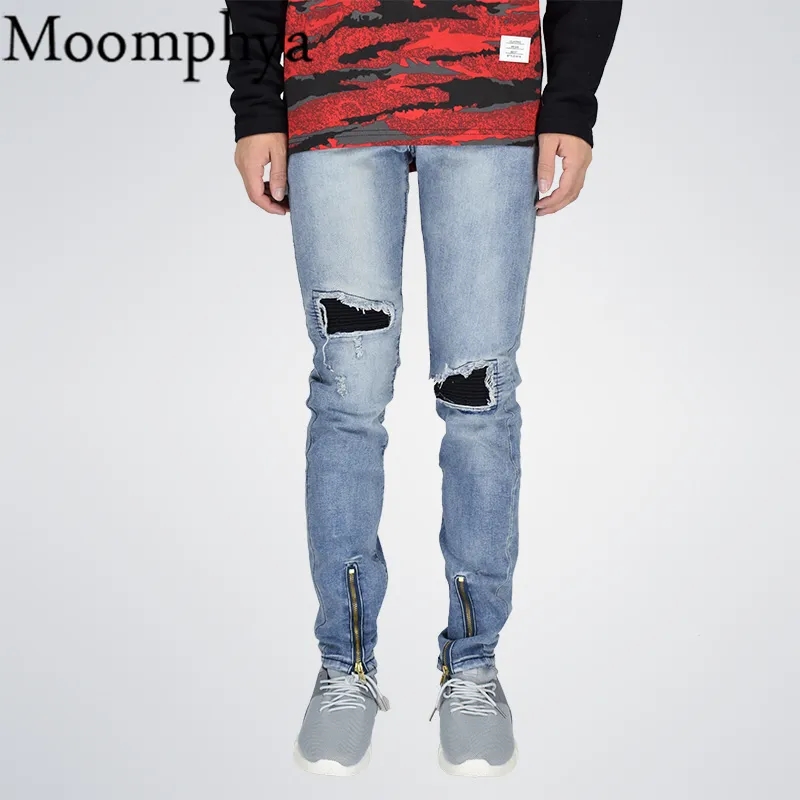 Men's Zipper Slim Fit Ripped Biker Jeans with Pleated Patch 3