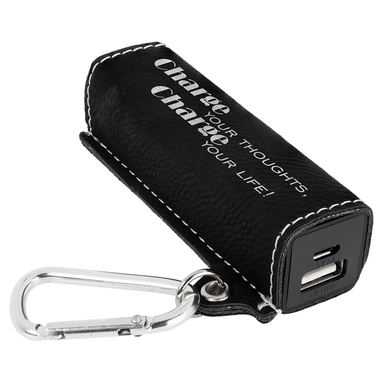 Black/Silver Leatherette 2200 mAh Power Bank with USB Cord 2
